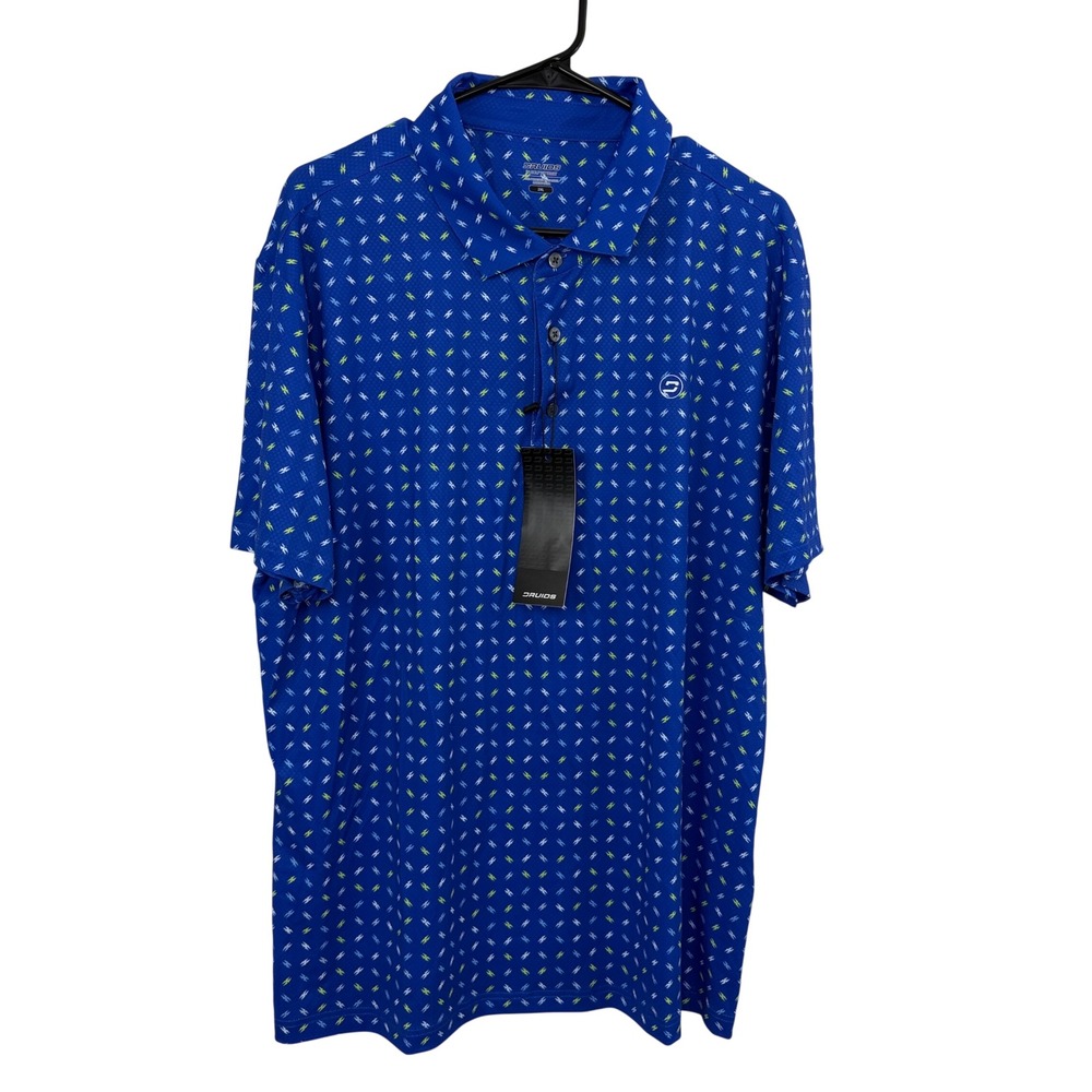 Druids Spark Polo Mens 2XL Blue Performance Print Golf Shirt Short Sleeve NWT